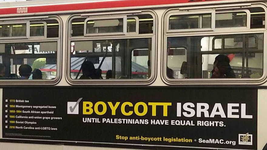 Anuncio de autobús en California llamando a boicotear a Israel