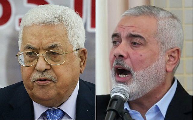 El presidente de la Autoridad Palestina, Mahmoud Abbas (izquierda) y el líder de Hamás, Ismail Haniyeh (Flash90, SAID KHATIB / AFP)