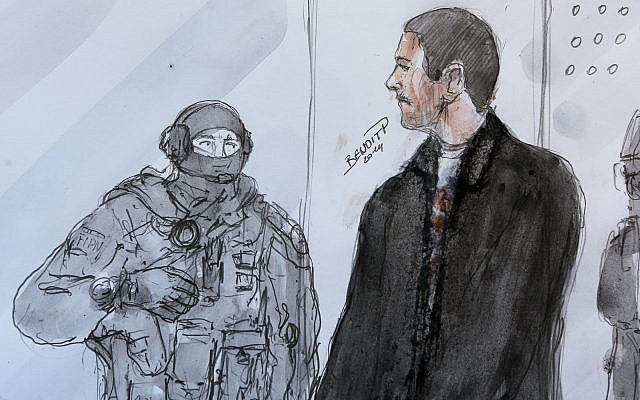 Un boceto de los artistas muestra a Mehdi Nemmouche, a la derecha, mientras está de pie junto a un agente de policía durante su comparecencia ante el tribunal en el Tribunal de Apelaciones de Versalles, 12 de junio de 2014. (Foto AP / Benoit P., archivo)