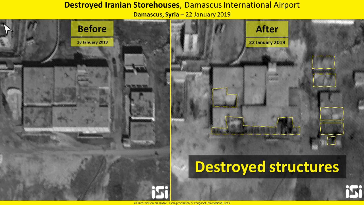 La imagen de satélite muestra el daño causado por el ataque israelí contra objetivos en el Aeropuerto Internacional de Damasco, 22 de enero de 2019. ImageSat International