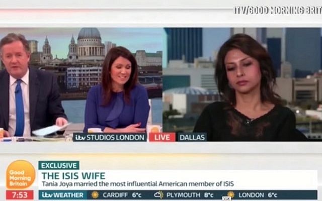 Tania Joya es entrevistada en la televisión británica en enero de 2018. La entrevista terminó después de que ella dijo, de su ex marido, que todos tienen "un lado bueno". (Daily Mirror Captura de pantalla)