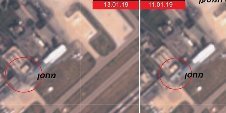 Fotografías satelitales publicadas el 13 de enero de 2019 que muestran un supuesto depósito de armas iraní en el Aeropuerto Internacional de Damasco en Siria (R) el 11 de enero, y la misma estructura fue demolida el 13 de enero después de un ataque aéreo israelí. (Intelli Times)