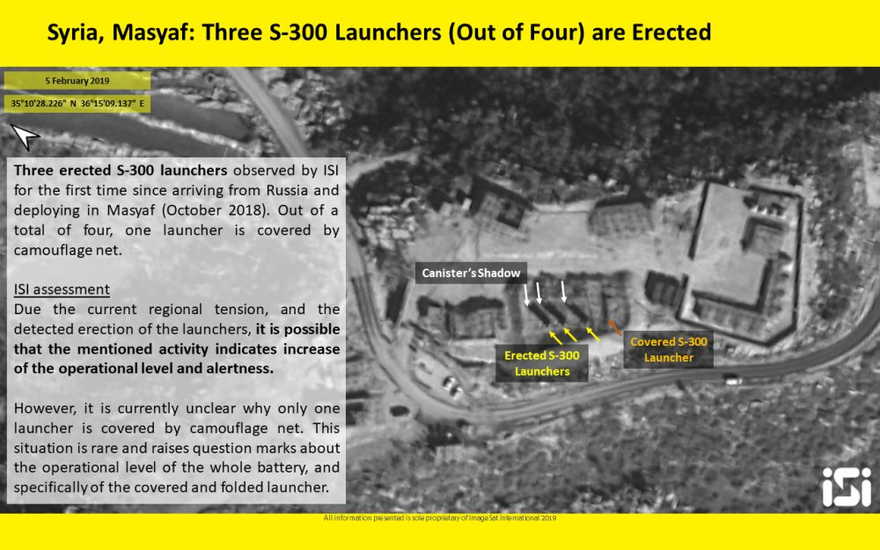 Las fotos satelitales publicadas por ImageSat International parecen mostrar tres de cada cuatro lanzadores de misiles del sistema de defensa aérea S-300 en la posición elevada en Masyaf el 5 de febrero de 2019. (ImageSat International)