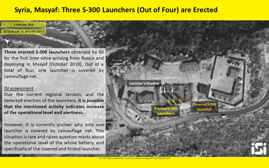 Las fotos satelitales publicadas por ImageSat International parecen mostrar tres de cada cuatro lanzadores de misiles del sistema de defensa aérea S-300 en la posición elevada en Masyaf el 5 de febrero de 2019. (ImageSat International)