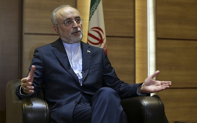 El jefe nuclear de Irán, Ali Akbar Salehi, habla en una entrevista con The Associated Press en la sede de la agencia de energía atómica de Irán, en Teherán, Irán, el martes 11 de septiembre de 2018. (AP Photo / Vahid Salemi)