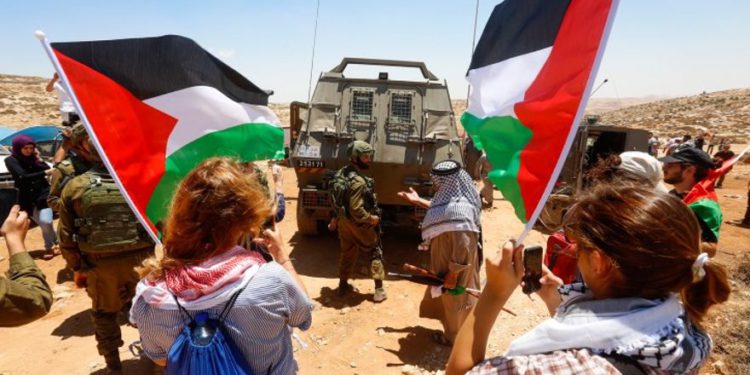 FOTO: "Turistas" protestan contra Israel cerca de Hebrón el 7 de julio de 2018. (Wisam Hashlamoun / Flash90)