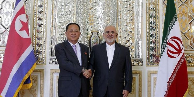 El ministro de Relaciones Exteriores de Irán, Mohammad Javad Zarif (R), da la mano a su homólogo norcoreano, Ri Yong Ho, durante su reunión en la capital, Teherán, el 7 de agosto de 2018. (AFP Photo / Atta Kenare)