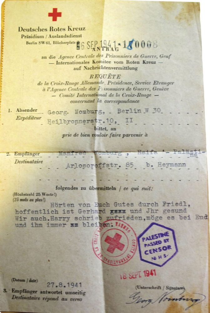 El telegrama Georg y Charlotte Nomburg enviaron a su hijo, Yair.