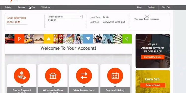 Una captura de pantalla de cómo funciona el sistema de pago Payoneer (captura de pantalla de YouTube)