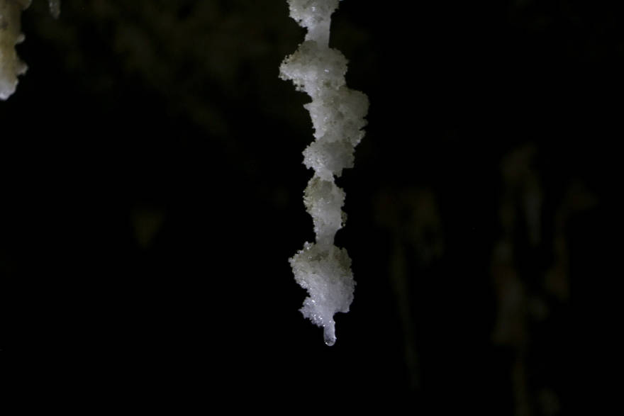 Un primer plano de una estalactita de sal en la cueva de Malcham, la cueva de sal más larga del mundo, el 27 de marzo de 2019. (Johanna Chisholm / Times of Israel)