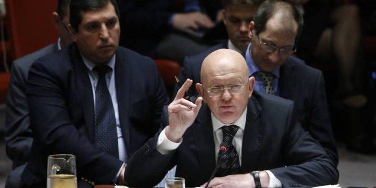 El embajador de Rusia ante las Naciones Unidas, Vasily Nebenzya, habla durante una reunión del Consejo de Seguridad de la ONU sobre la situación en Oriente Medio e Idlib, Siria en la sede de las Naciones Unidas en Nueva York, Estados Unidos, el 11 de septiembre de 2018. [Atılgan Özdil - Agencia Anadolu]