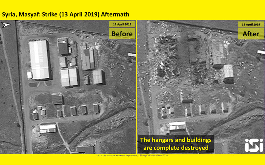 Las fotos satelitales publicadas por ImageSat International muestran las consecuencias de los ataques aéreos atribuidos a Israel contra una base militar siria en Masyaf en la provincia de Hama el 12 de abril de 2019. (ImageSat International)