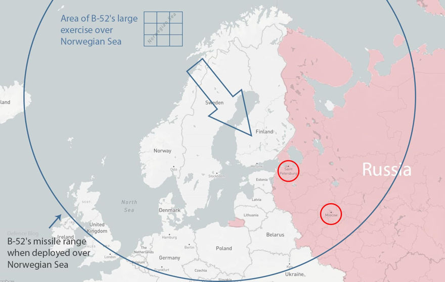 Rango de misiles del B-52H cuando se despliega sobre el Mar de Noruega