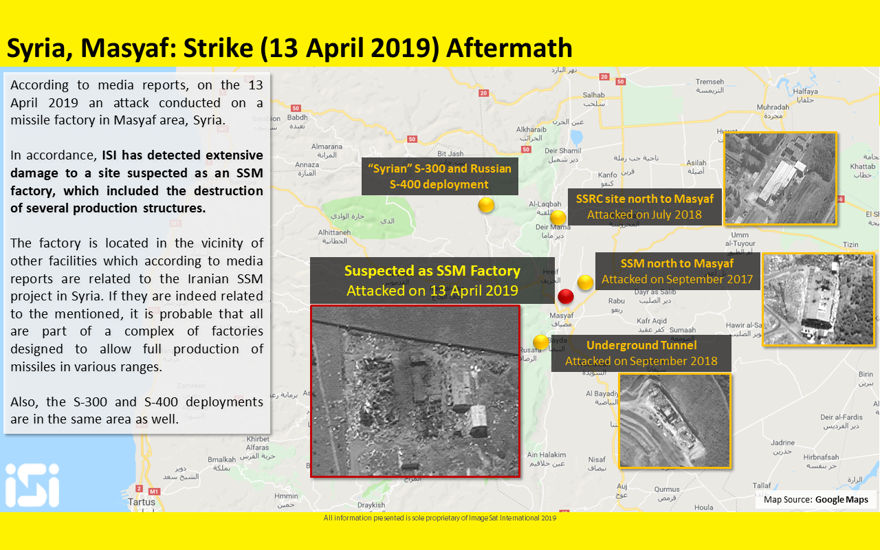 Las fotos satelitales publicadas por ImageSat International muestran las consecuencias de los ataques aéreos atribuidos a Israel contra una base militar siria en Masyaf en la provincia de Hama, el 12 de abril de 2019. (ImageSat International)