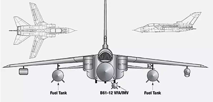 Un diagrama oficial que muestra la carga de un Tornado durante las pruebas para determinar su idoneidad como plataforma de entrega para la nueva bomba de gravedad nuclear B61-12.