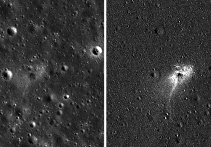 Izquierda: sitio de impacto Beresheet. Derecha: una imagen procesada para resaltar los cambios cerca del lugar de aterrizaje entre las fotos tomadas antes y después del aterrizaje. (Crédito de la foto: NASA / GSFC / UNIVERSIDAD DEL ESTADO DE ARIZONA)