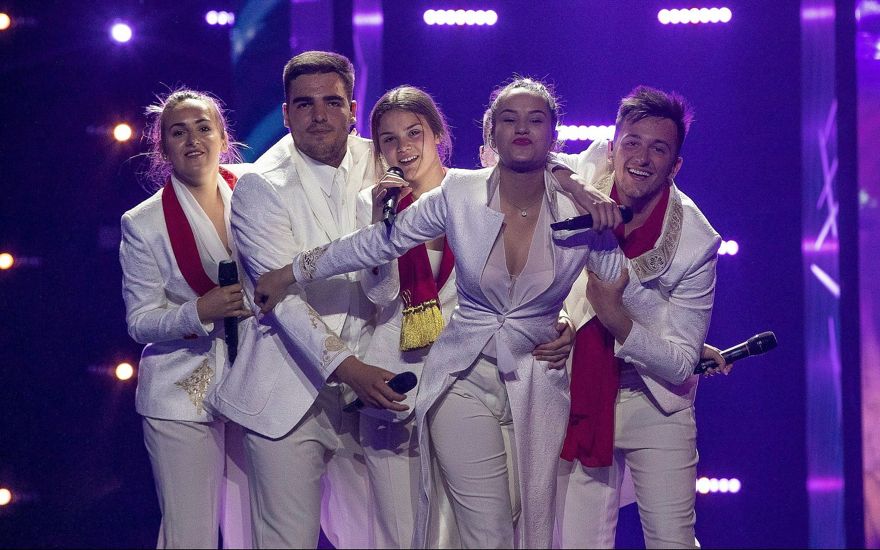 El grupo de cantantes D Mol de Montenegro en su primer ensayo el 4 de mayo de 2019 en Tel Aviv para el Festival de la Canción de Eurovisión 2019. (Andres Putting, EBU)