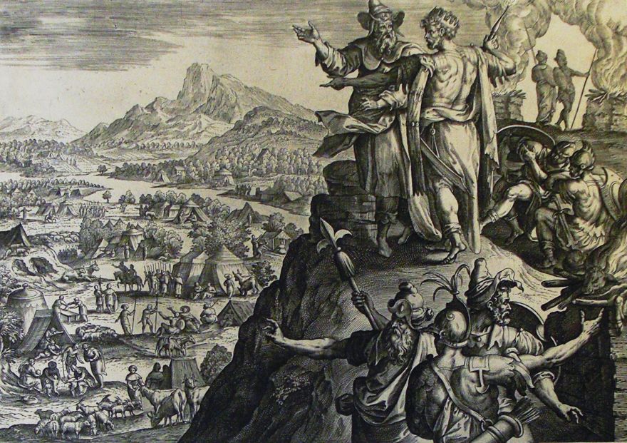 Una impresión de la colección de ilustraciones bíblicas de Phillip Medhurst que muestra a Balaam bendiciendo a los judíos mientras Balak observa. (Colección de Philip Medhurst, CC BY-SA Wikimedia commons)