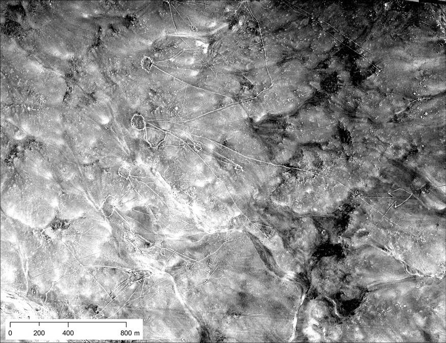 Cometas del desierto en Jordania: note las formas de polígonos con líneas que irradian. Tomado en U2 Mission 1554 el 30 de enero de 1960 (NARA)