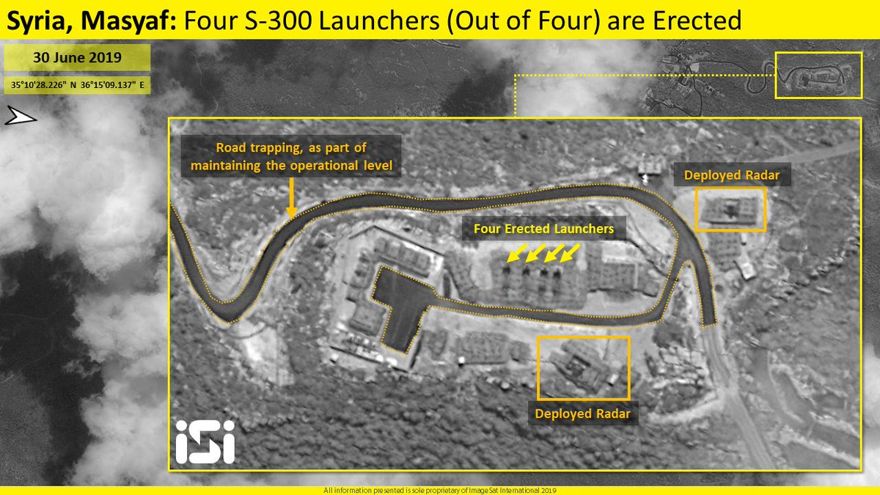 Imágenes satelitales publicadas por la firma de inteligencia israelí ImageSat Intl. (ISI) el domingo muestra el despliegue completo de los cuatro sistemas de defensa de misiles S-300 de fabricación rusa en la provincia de Masyaf de Siria. (Crédito de la foto: IMAGESAT INTERNATIONAL (ISI))