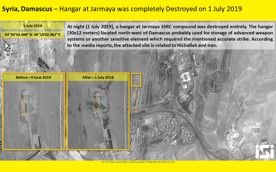 Foto satelital de uno de los sitios golpeados en un supuesto ataque aéreo israelí en sitios iraníes en Siria el 1 de julio de 2019. (ImageSat International)