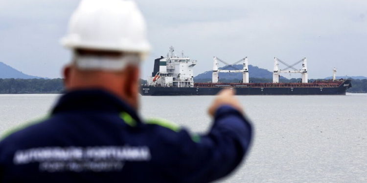 Un oficial de la Autoridad Portuaria señala en Bavand, una de las dos embarcaciones iraníes varadas en el puerto de Paranagua, Brasil, el jueves | Foto: AP Photo / Giuliano Gomes