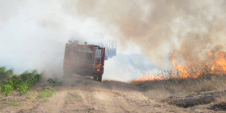 Los equipos de bomberos luchan contra un incendio provocado por globos incendiarios lanzados desde Gaza a Israel el 14 de junio de 2019 (Servicios de bomberos y rescate)