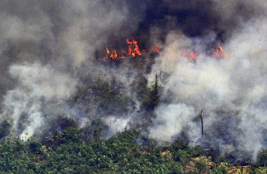 Imagen aérea que muestra el humo de un tramo de fuego de dos kilómetros de largo que sale de la selva amazónica a unos 65 km de Porto Velho, en el estado de Rondonia, en el norte de Brasil, el 23 de agosto de 2019. (Carl DE SOUZA / AFP)