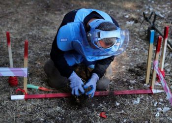En esta foto del 18 de septiembre de 2019, un desminador libanés de Humanity and Inclusion, una organización no gubernamental internacional con sede en Francia, extrae arena de alrededor de una mina antipersonal, en un bosque de cedros, en Hadath El-Jebbeh, al norte del Líbano ( Foto AP / Hussein Malla)