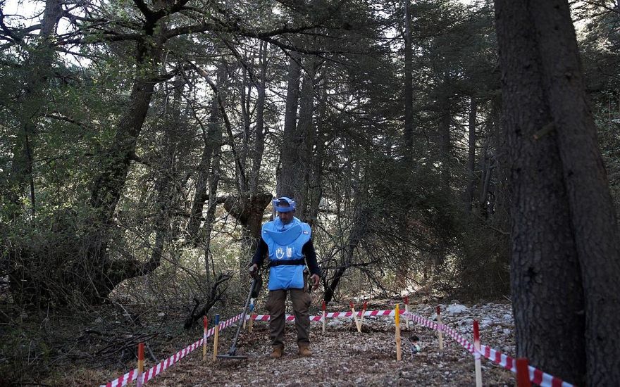 En esta foto del 18 de septiembre de 2019, un desminador libanés de Humanity and Inclusion, una organización no gubernamental internacional con sede en Francia, utiliza un detector de minas en un bosque de cedros, en Hadath El-Jebbeh, norte del Líbano (AP Photo / Hussein Malla )