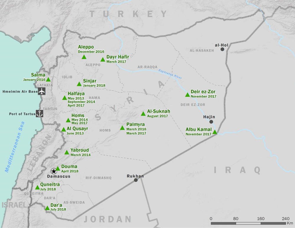 Figura 1: Mapa de la campaña siria. Los lugares en verde incluyen la fecha en que las ciudades y pueblos cayeron ante las fuerzas sirias y asociadas. En algunos casos, como Palmyra, las fuerzas pro-Assad capturaron una ciudad más de una vez. Los datos provienen del Proyecto de amenazas transnacionales en CSIS. (Brandon Mohr)