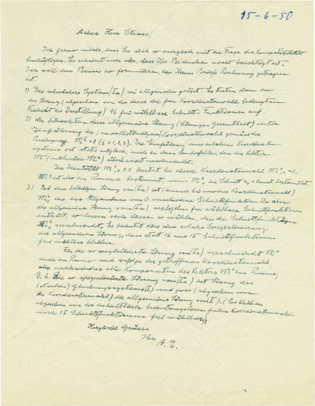 Una carta escrita a mano y firmada por el físico judío-alemán Albert Einstein, de junio de 1950, discutiendo su trabajo sobre la teoría del campo unificado, que la Casa de Subastas Kedem ofrecerá para su subasta en 2019. (Cortesía: Casa de Subastas Kedem)