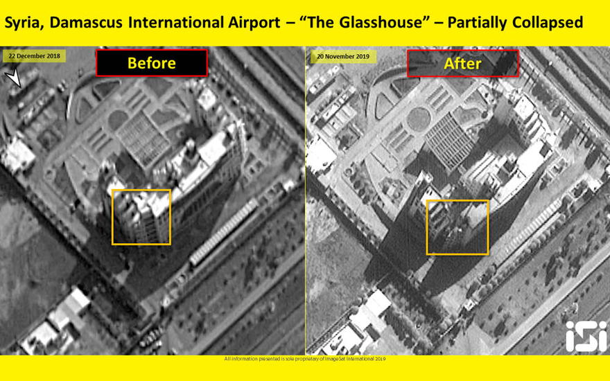 Imagen satelital que muestra la destrucción causada por los ataques aéreos israelíes a una supuesta instalación controlada por Irán en el Aeropuerto Internacional de Damasco el 20 de noviembre de 2019. (ImageSat International)