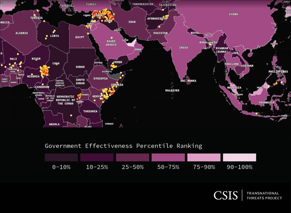 Figura 4: Mapa de gobernanza débil y actividad jihadista - Fuente: Los datos provienen de "Jane's Terrorism and Insurgency Center", IHS Markit, 2019; "Indicadores de gobernanza mundial", Banco Mundial, 2019.