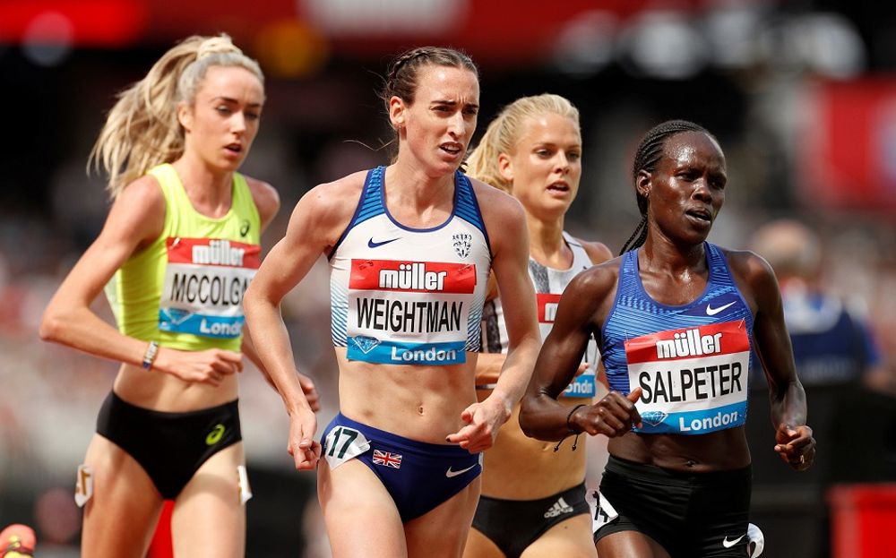 Lonah Chemtai-Salpeter, corriendo en la carrera femenina de 5 kilómetros en los Juegos del Aniversario de Londres en julio