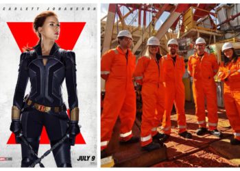 Equipo de efectos especiales de Black Widow en la plataforma petrolera del Mar del Norte