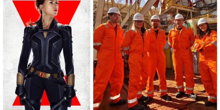 Equipo de efectos especiales de Black Widow en la plataforma petrolera del Mar del Norte