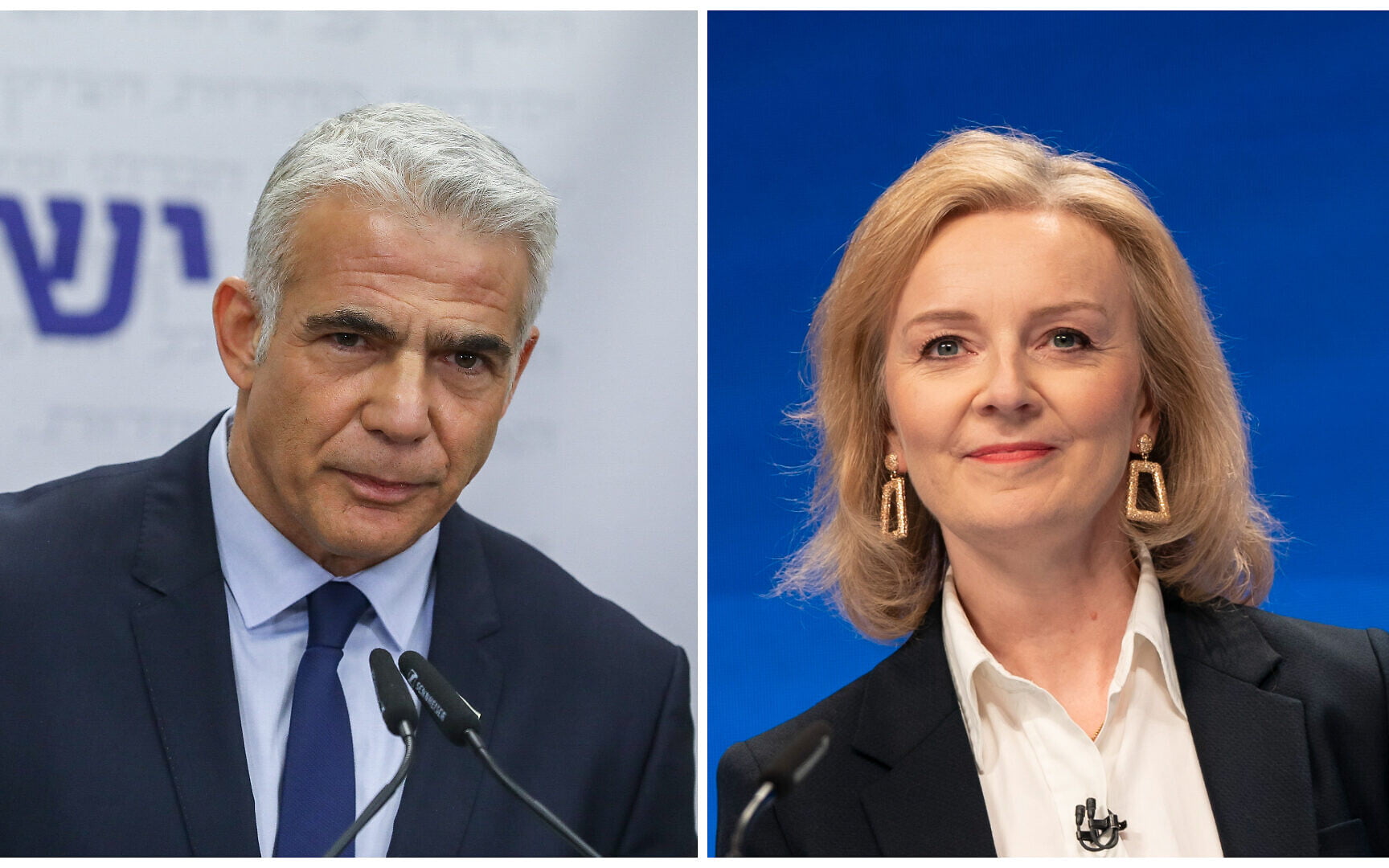 El ministro de Asuntos Exteriores, Yair Lapid, el 22 de noviembre de 2021; y la ministra de Asuntos Exteriores británica, Liz Truss, el 3 de octubre de 2021. (Noam Revkin Fenton/Flash90; AP Photo/Jon Super)