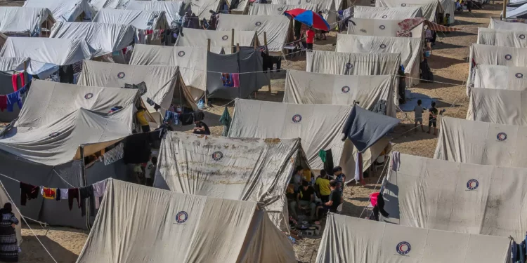Palastinos en un campamento de tiendas temporal establecido para los gazatíes evacuados de sus hogares, en los terrenos de una instalación de la UNRWA en Khan Younis, Gaza, 19 de octubre de 2023. (Abed Rahim Khatib/Flash90)