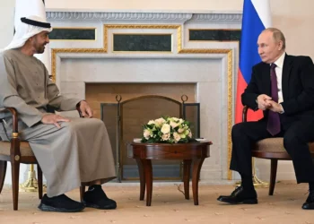 El presidente ruso, Vladímir Putin, a la derecha, y el presidente de los Emiratos Árabes Unidos, el jeque Mohamed bin Zayed Al Nahyan, conversan durante su reunión en San Petersburgo, Rusia, el 11 de octubre de 2022. (Pavel Bednyakov, Sputnik, Kremlin Pool Photo vía AP)