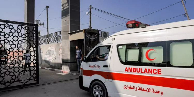 Ambulancias del Ministerio de Sanidad palestino cruzan la puerta para entrar en el paso fronterizo de Rafah, en el sur de la Franja de Gaza, antes de cruzar a Egipto, el 1 de noviembre de 2023 (Mohammed ABED / AFP)