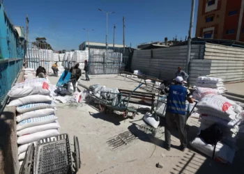 Trabajadores de la ONU son fotografiados en un almacén/centro de distribución de la UNRWA en Rafah, en el sur de la Franja de Gaza, que supuestamente fue parcialmente afectado por una huelga el 13 de marzo de 2024(Mohammed Abed/AFP)