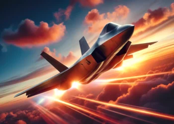 Create a hyperrealistic 16:9 image of a modern sixth-generation fighter from the NGAD program. The fighter should be in the shape of a flying wing, without a tail, and be flying in a sunset sky while shooting flares that illuminate the sky.