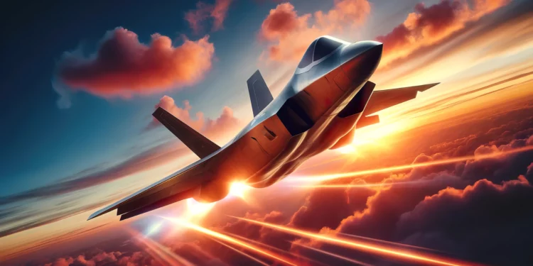 Create a hyperrealistic 16:9 image of a modern sixth-generation fighter from the NGAD program. The fighter should be in the shape of a flying wing, without a tail, and be flying in a sunset sky while shooting flares that illuminate the sky.