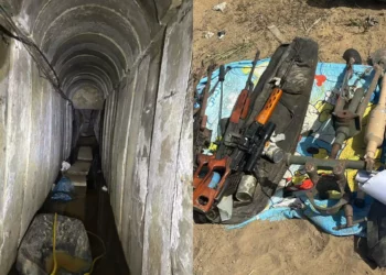 Una imagen publicada el 7 de abril de 2024 muestra un túnel de 900 metros de largo descubierto por las FDI en el barrio de al-Amal de Jan Yunis, junto con armas descubiertas en su interior. 

(Fuerzas de Defensa de Israel)