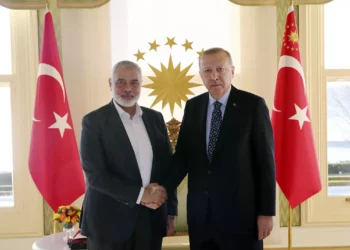 El presidente de Turquía, Recep Tayyip Erdogan, a la derecha, estrecha la mano del jefe del movimiento terrorista Hamás, Ismail Haniyeh, antes de su reunión en Estambul, el 1 de febrero de 2020. (Servicio de Prensa Presidencial vía AP, Pool/ Archivo)