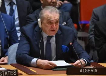 Algeria's ambassador to the United Nations, Amar Bendjama speaks during a Security Council meeting at UN headquarters in New York on March 25, 2024. (Angela Weiss/AFP)