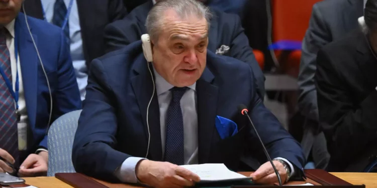 Algeria's ambassador to the United Nations, Amar Bendjama speaks during a Security Council meeting at UN headquarters in New York on March 25, 2024. (Angela Weiss/AFP)