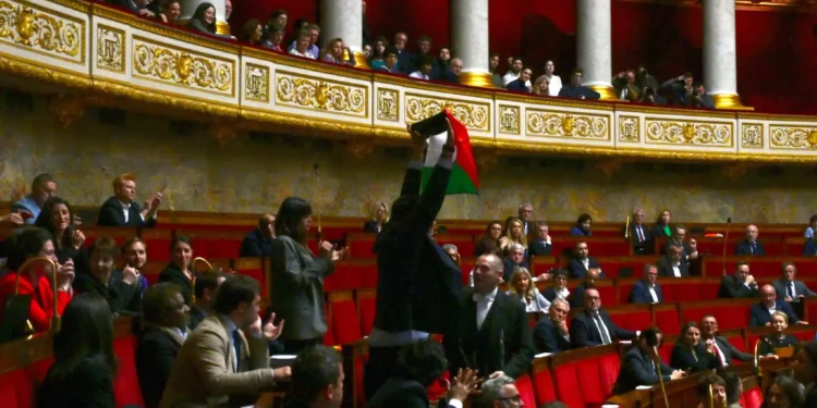 French leftist La France Insoumise (LFI) MP Sebastien Delogu waves a Palestinian national flag during a session of questions to the government at the National Assembly in Paris on May 28, 2024. (Miguel Medina/AFP)