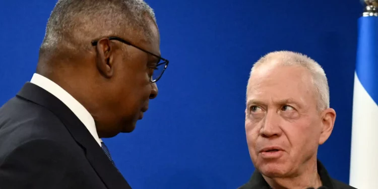 File: US Defense Secretary Lloyd Austin (L) and Defense Minister Yoav Gallant give a joint press conference in Tel Aviv on December 18, 2023. (Alberto Pizzoli/AFP)